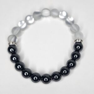 Matte White Flash Holographic Mermaid & Onyx Beads stretch bracelet Rhinestones